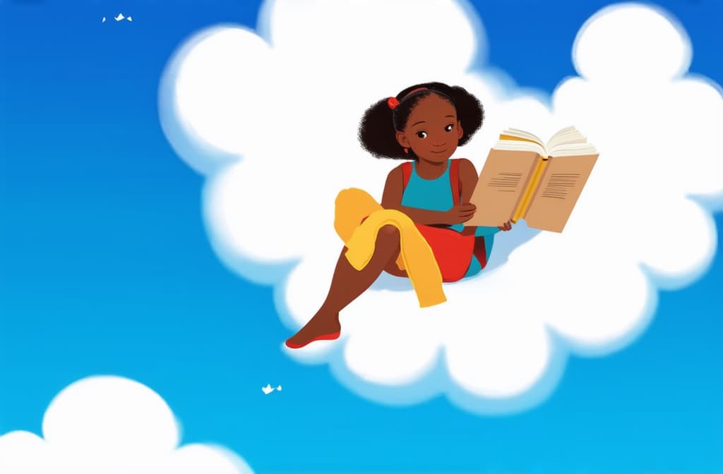  flat illustration, flaticon, (illustration:1.15), literary fan young african girl in the sky on a cloud reading a book. funny, abstract cartoon people on beige. 3d rendering. ar 3:2, [cory loftis, strobist, pascal campion :: 0.2]