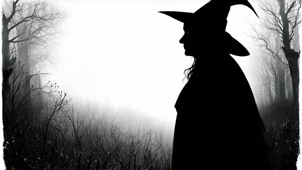  black and white image. on the right side of the picture in profile silhouette of a witch. on the left 3/4 of the picture is empty. fog everywhere. art brut style ar 16:9 {prompt}, maximum details