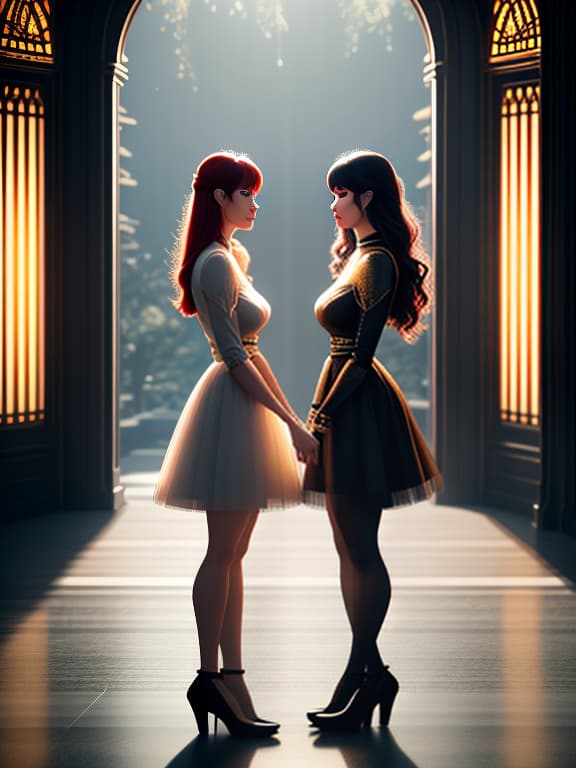  two grown up girls from around the world looking at each other through the portal hyperrealistic, full body, detailed clothing, highly detailed, cinematic lighting, stunningly beautiful, intricate, sharp focus, f/1. 8, 85mm, (centered image composition), (professionally color graded), ((bright soft diffused light)), volumetric fog, trending on instagram, trending on tumblr, HDR 4K, 8K