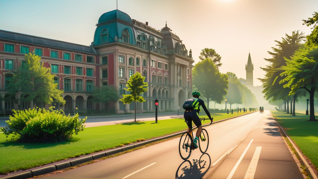  a vibrant cityscape showcasing diverse urban environments, featuring cyclists navigating bustling streets, green parks, and modern architecture, with contrasting elements of decay and renewal, symbolizing the urban life cycle and its relationship to cycling. hyperrealistic, full body, detailed clothing, highly detailed, cinematic lighting, stunningly beautiful, intricate, sharp focus, f/1. 8, 85mm, (centered image composition), (professionally color graded), ((bright soft diffused light)), volumetric fog, trending on instagram, trending on tumblr, HDR 4K, 8K