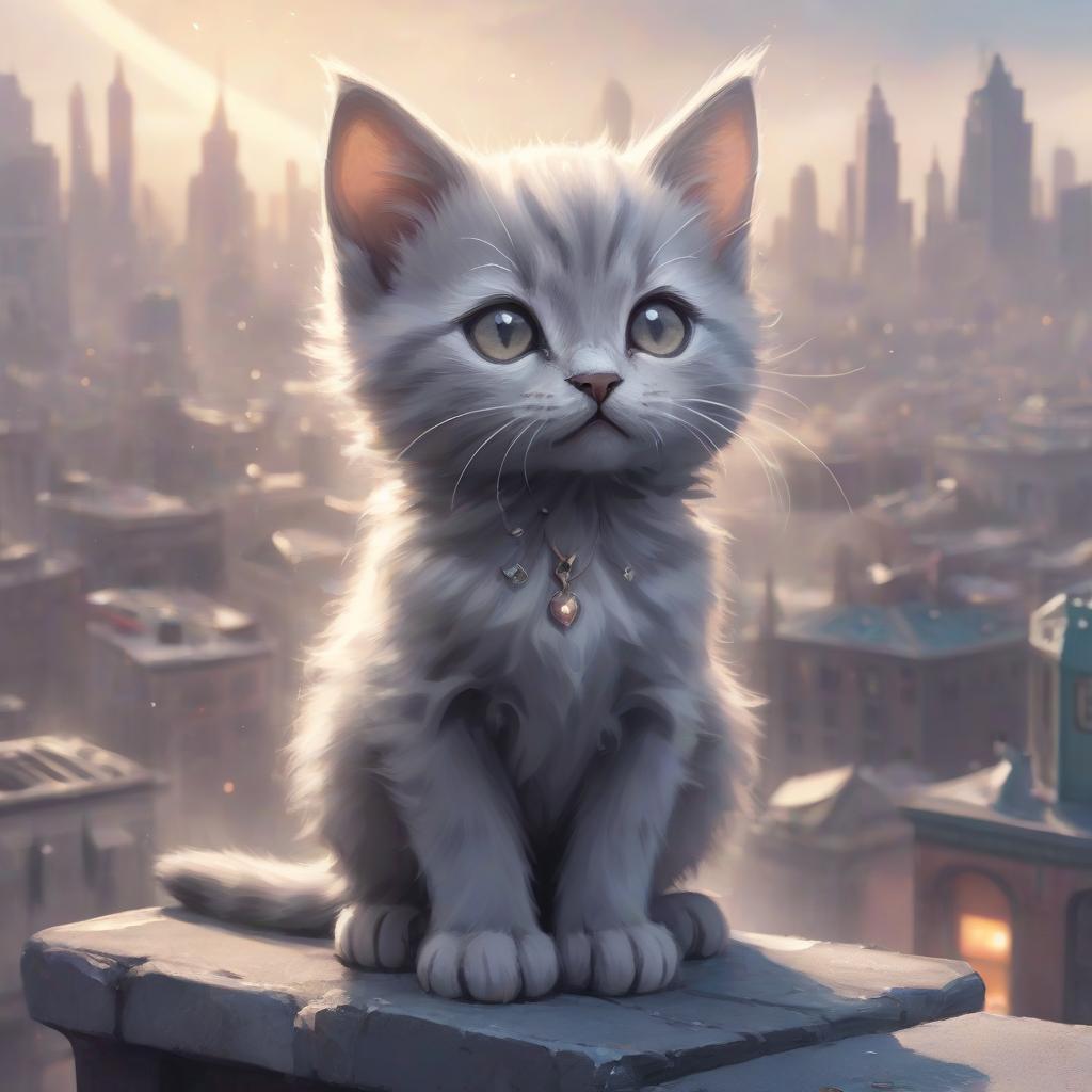  ethereal fantasy concept art of a little grey kitten named murka lived in a big and noisy city on earth . magnificent, celestial, ethereal, painterly, epic, majestic, magical, fantasy art, cover art, dreamy