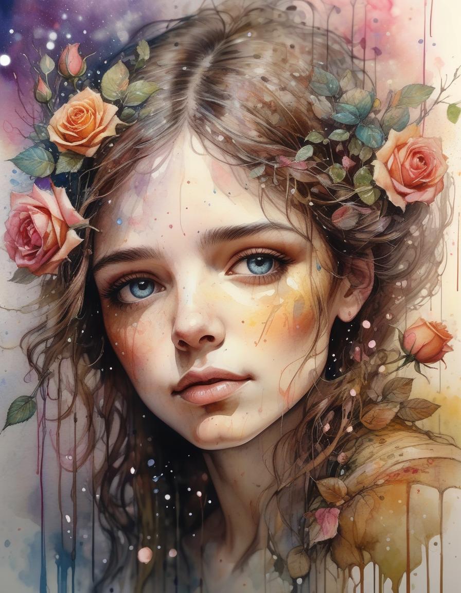  watercolor painting a portrait of a beautiful woman?impressed in a dreamy landscape. background art with roses and sparkles, art by jean baptiste monge, carne griffiths, beautiful, radiant, colorful, hyper detailed, detailed, sublime, perfection, photorealistic, vivid, rear view, height complete, sensual, shy and timid,4k . vibrant, beautiful, painterly, detailed, textural, artistic