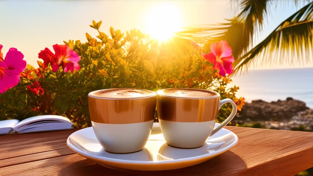  two cups of coffee sitting on top of a wooden table, romanticism, with palm trees in the back, greece, flowers, facebook post, on the coast, mixture turkish and russian, with a cup of hot chocolate, dawn, rays of the rising sun, then another, uploaded, open, heavenly, ceramic ar 16:9 {prompt}, maximum details