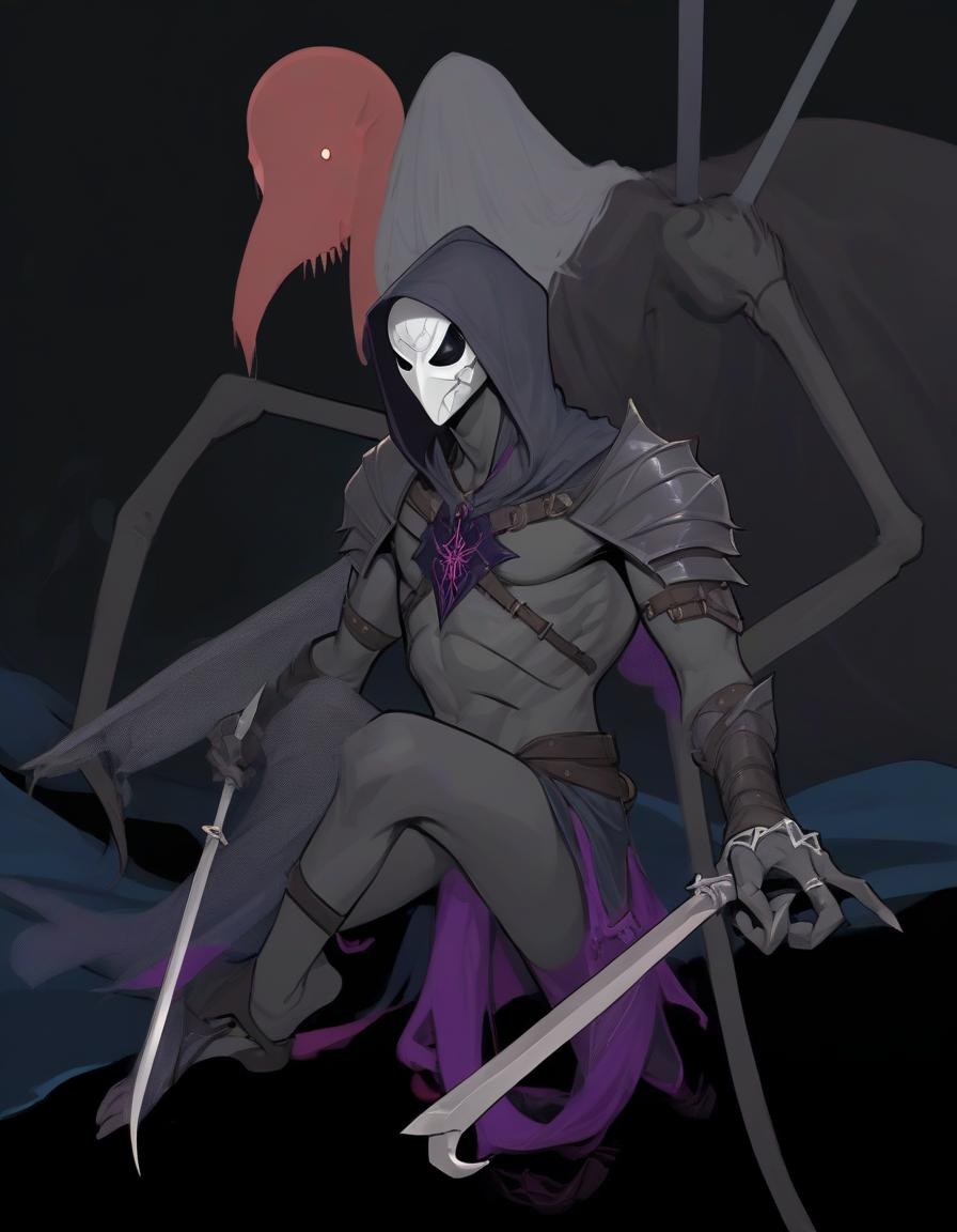  dnd, warrior man, 2 hook swords, drow, masked in heavy drow armor, magic, behind him rests the spider drow girl (drider)