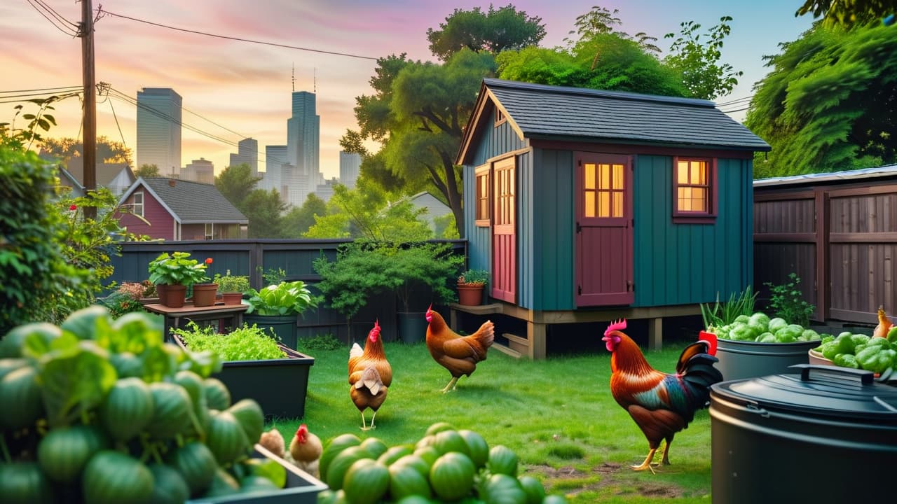  a vibrant urban homestead with a small vegetable garden, chickens pecking in a fenced area, a cozy tiny house, rain barrels collecting water, and a rooftop garden, all surrounded by city buildings in the background. hyperrealistic, full body, detailed clothing, highly detailed, cinematic lighting, stunningly beautiful, intricate, sharp focus, f/1. 8, 85mm, (centered image composition), (professionally color graded), ((bright soft diffused light)), volumetric fog, trending on instagram, trending on tumblr, HDR 4K, 8K