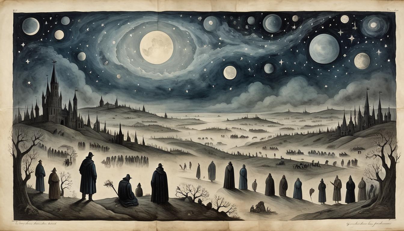  on parchment, surrealism+++, a silent crowd, varied ages and backgrounds, eyes reflecting defeat and resignation, night sky filled with faint stars, muted, somber, reflective(mysterious, provocative, symbolic,muted color)+++