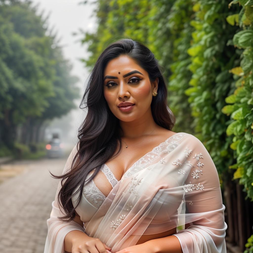  A Huge chubby Woman holding  strawberry in Hand, Saree and pallu, Clean face, strawberry Trees, No saturation, low vibrant hyperrealistic, full body, detailed clothing, highly detailed, cinematic lighting, stunningly beautiful, intricate, sharp focus, f/1. 8, 85mm, (centered image composition), (professionally color graded), ((bright soft diffused light)), volumetric fog, trending on instagram, trending on tumblr, HDR 4K, 8K