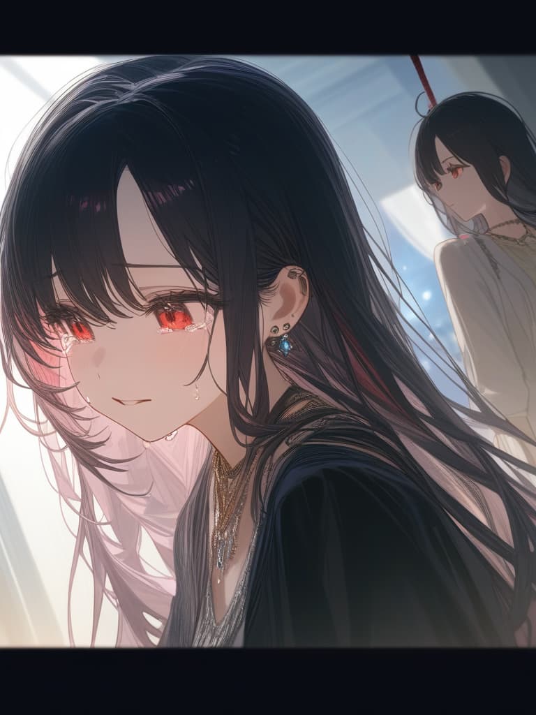  long hair, black hair, hair tips are pink, red eyes, hanging, bangs, and length of bangs, adults, adult faces, piercings, necklaces, thin makeup, night view, hair are light pink and black, crying. there is tears, masterpiece, best quality,8k,ultra detailed,high resolution,an extremely delicate and beautiful,hyper detail