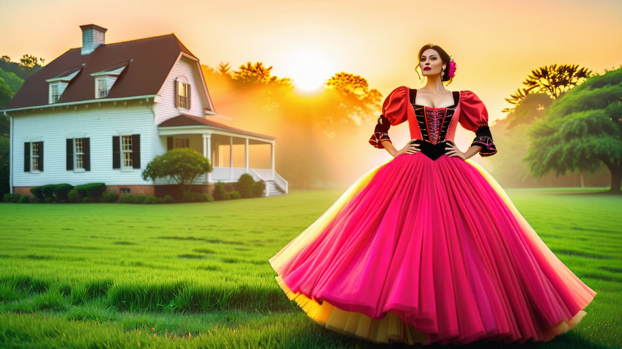  a vibrant scene showcasing georgia's rich heritage: traditional folk dancers in colorful attire, historic plantations, lush peach orchards, and iconic southern architecture, all under a warm, golden sunset sky. hyperrealistic, full body, detailed clothing, highly detailed, cinematic lighting, stunningly beautiful, intricate, sharp focus, f/1. 8, 85mm, (centered image composition), (professionally color graded), ((bright soft diffused light)), volumetric fog, trending on instagram, trending on tumblr, HDR 4K, 8K