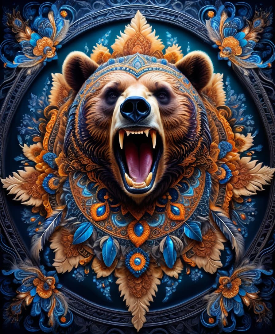  impressionist painting masterpiece, hdr 8k, digital image. conceptual art. (a bear with a bared mouth full of sharp fangs, appearing in ancient russian ethnic ornaments that make up a symmetrical mandala consisting of an endless forest, a wide flowing river and majestic mountains, the mandala is decorated with a fantastic ice pattern). abstract elements: crystals, beads, feathers. the effect of dissolving the natural shades of fur in sky waves. filigree finishes, mysterious neon glowing accents, intricate. stylization. neo rococo style. stylish, dynamic, atmospheric. background dissolving abstract patterns in the space:: vignetting:: complex ethnic ornament. mystery, fantasy surrealism. high detail. high quality. hdr. . loose brushwork, v