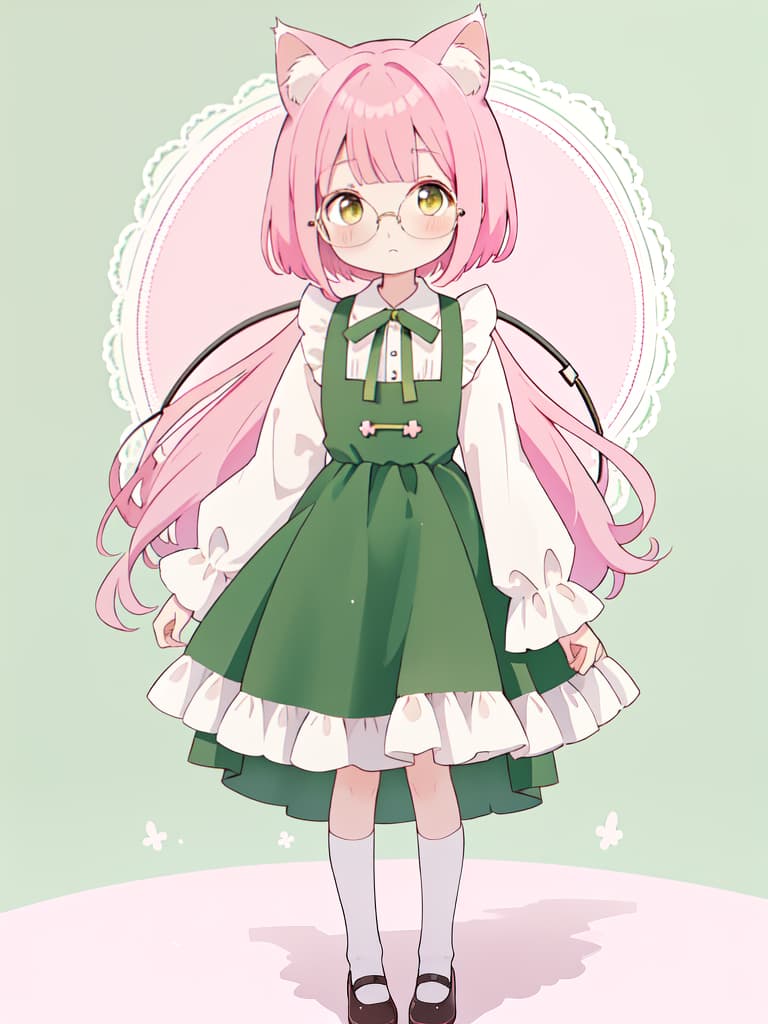  cat ears, green maid clothes, brown eyes, standing picture, round glasses, pink hair bob, no background, whole body, masterpiece, best quality,8k,ultra detailed,high resolution,an extremely delicate and beautiful,hyper detail