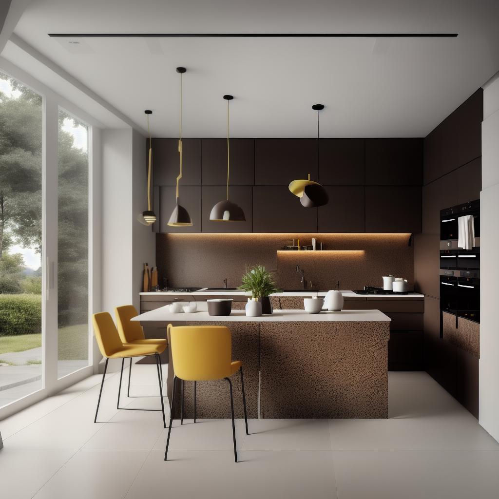  high resolution, photorealistic image of a modern kitchen with dark brown cabinets, countertops, and walls, featuring a yellow stone floor, sleek appliances, and warm lighting, advanced detail processing, styles for printing style raw, best quality, masterpiece