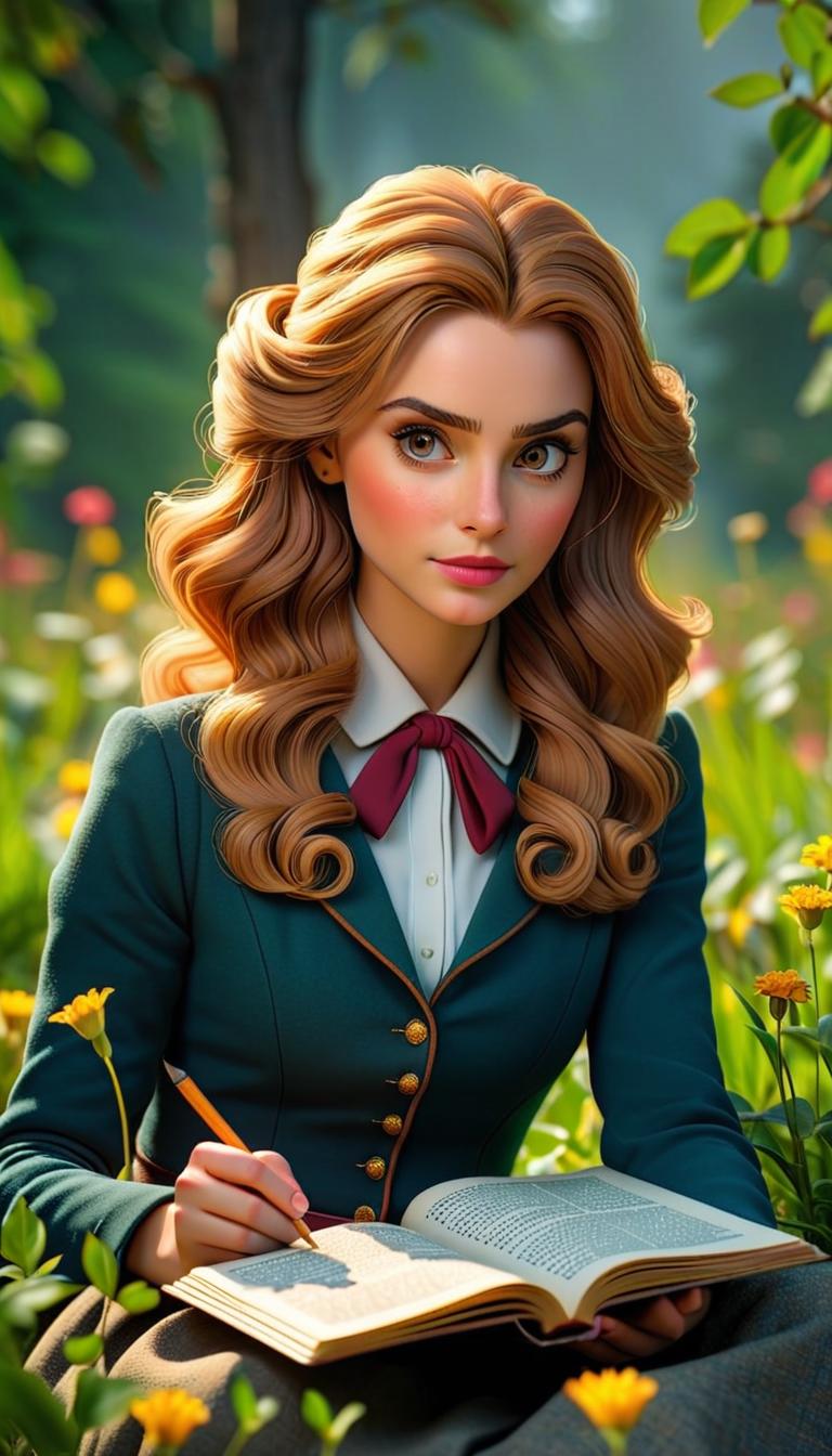  professional 3d model of hermione grander in the garden reading . rendered with octane, the model is highly detailed,dramatic lighting. hyperrealistic, full body, detailed clothing, highly detailed, cinematic lighting, stunningly beautiful, intricate, sharp focus, f/1. 8, 85mm, (centered image composition), (professionally color graded), ((bright soft diffused light)), volumetric fog, trending on instagram, trending on tumblr, HDR 4K, 8K