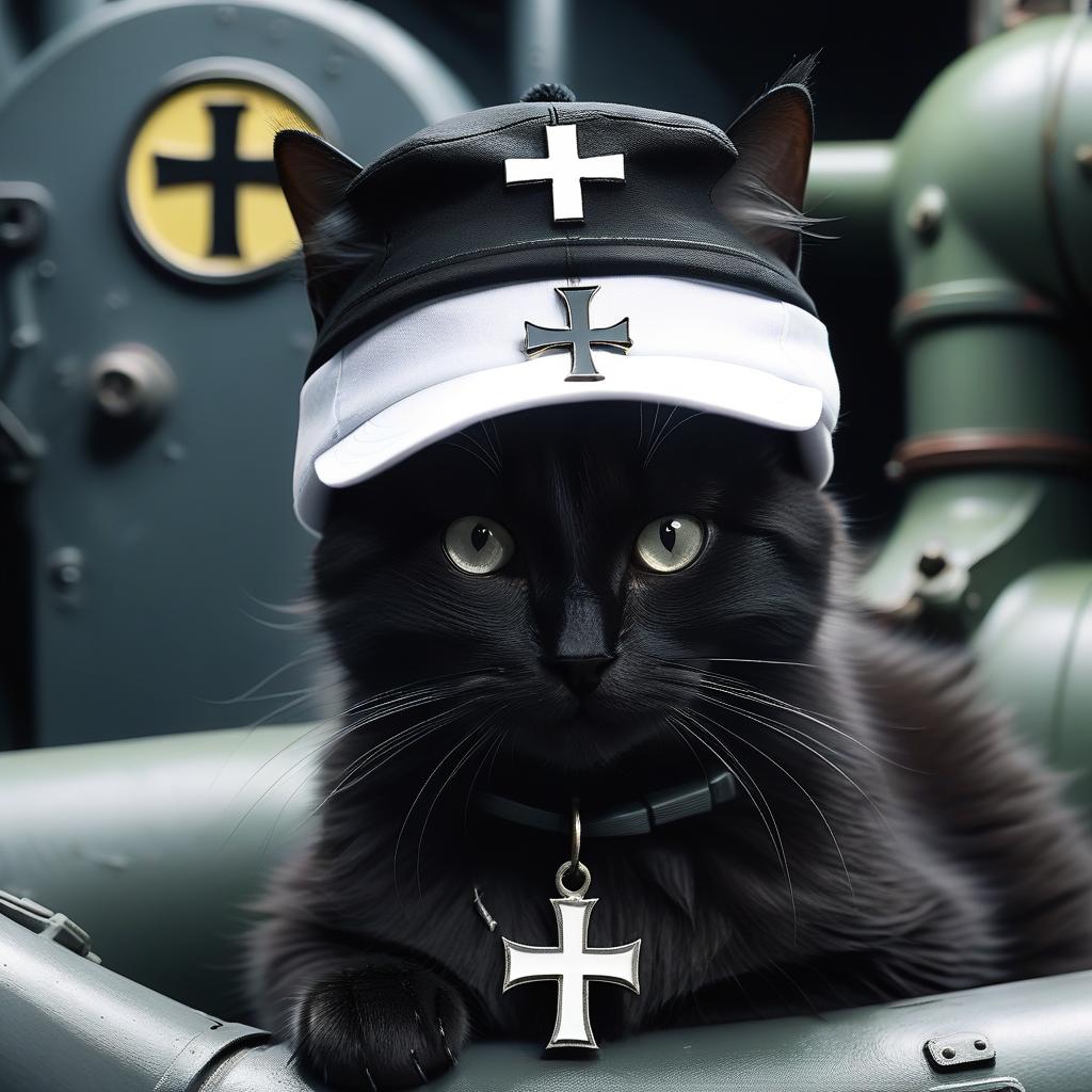  furry black cat with a german cross, in a white cap, in a submarine