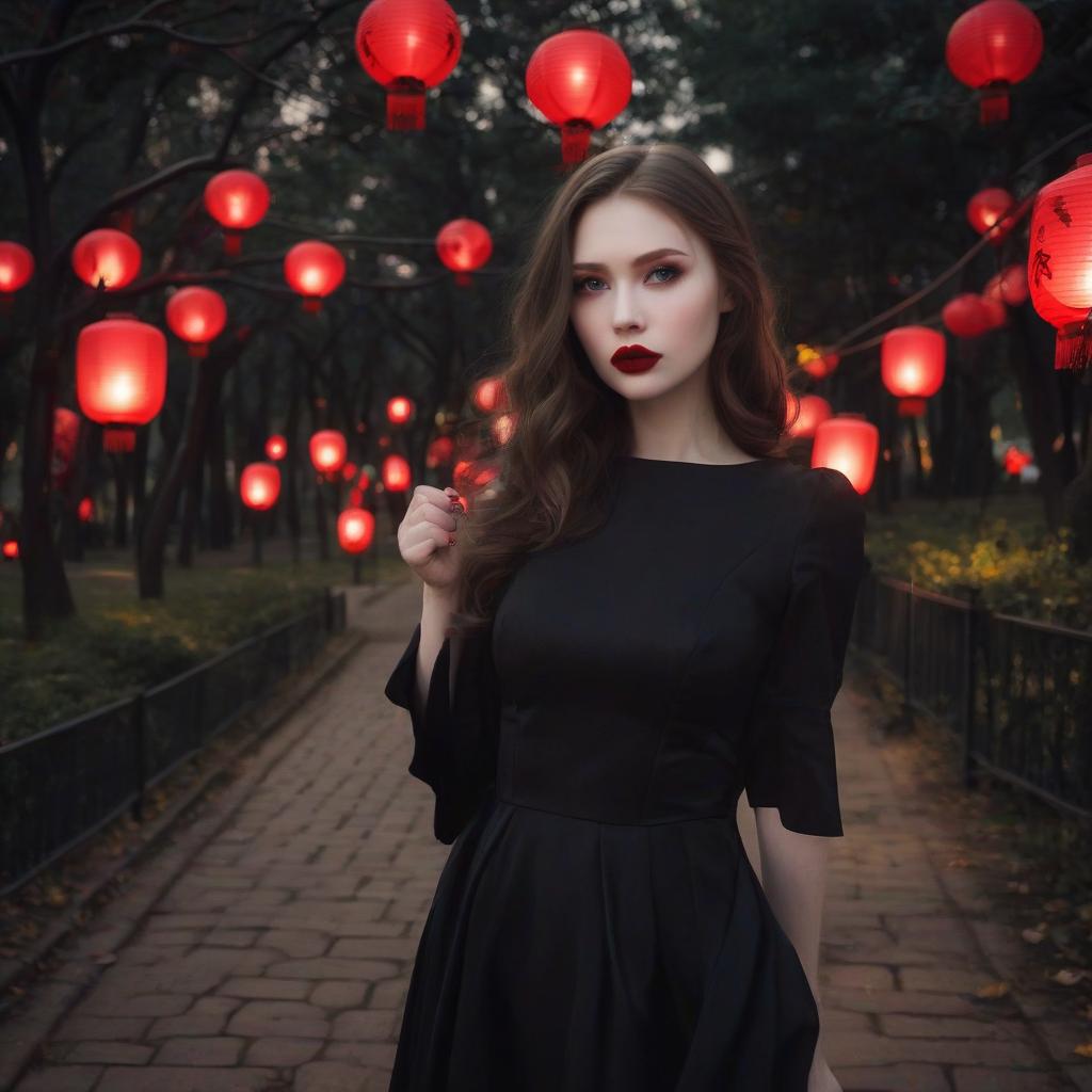  night park, lanterns, footpath, beautiful elegant girl in black closed dress, pale skin, red lipstick, oval face rage thirst for blood, long wavy hair