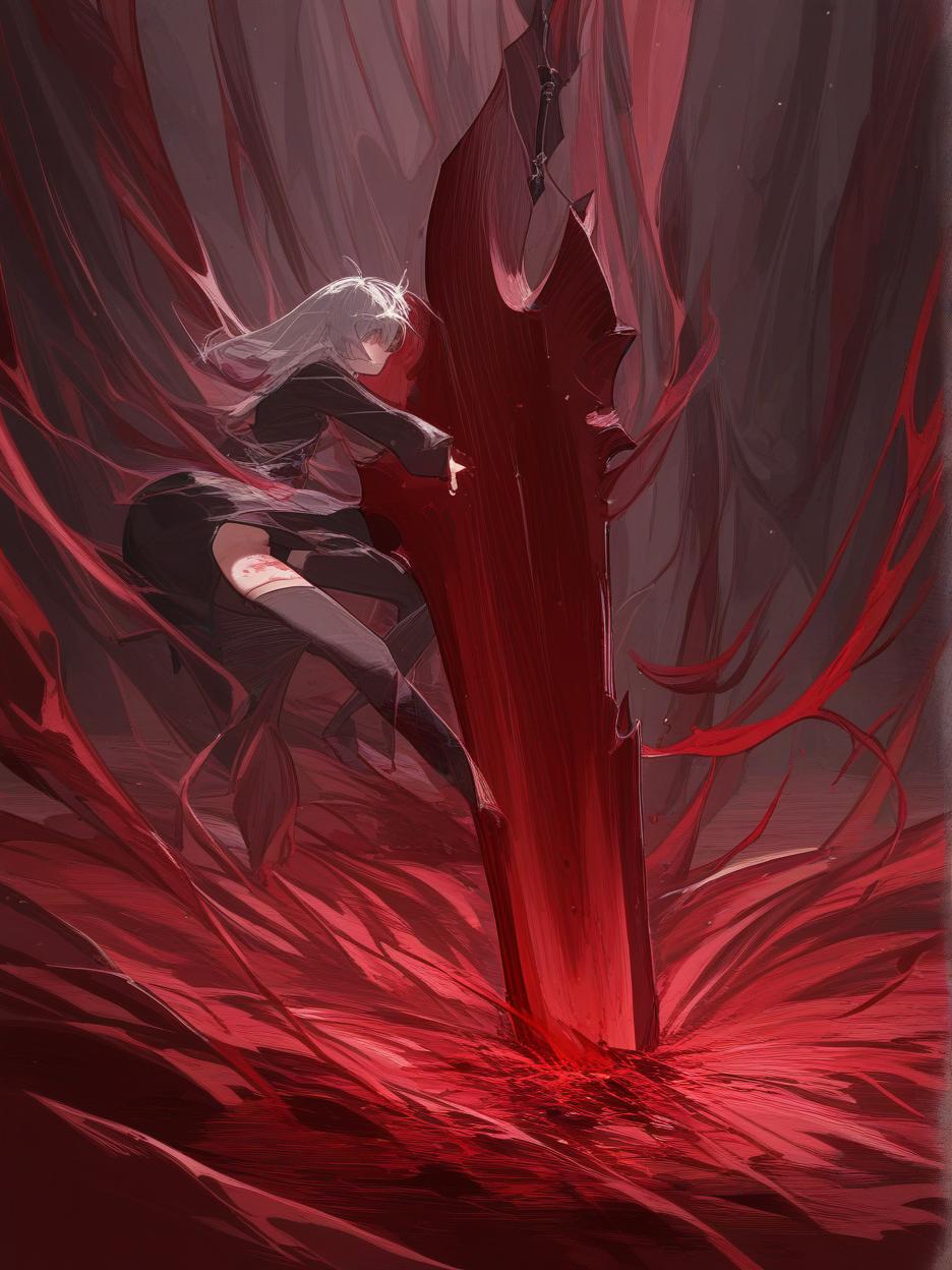  create for me an image of a giant blood sword, it is stuck in the ground with blood swirling around it. the red sand floor being pushed by the swirling force of blood and crystals in the background, with clear skies. . best quality, high resolution