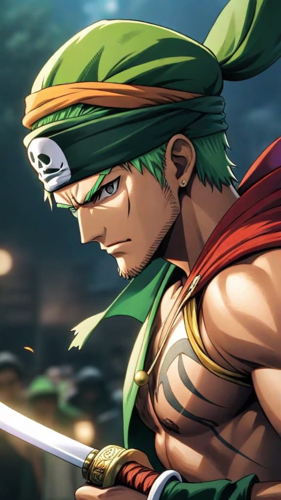  anime art: zoro's ashura technique faces a yonko, showcasing his strength against overwhelming power. hyperrealistic, full body, detailed clothing, highly detailed, cinematic lighting, stunningly beautiful, intricate, sharp focus, f/1. 8, 85mm, (centered image composition), (professionally color graded), ((bright soft diffused light)), volumetric fog, trending on instagram, trending on tumblr, HDR 4K, 8K