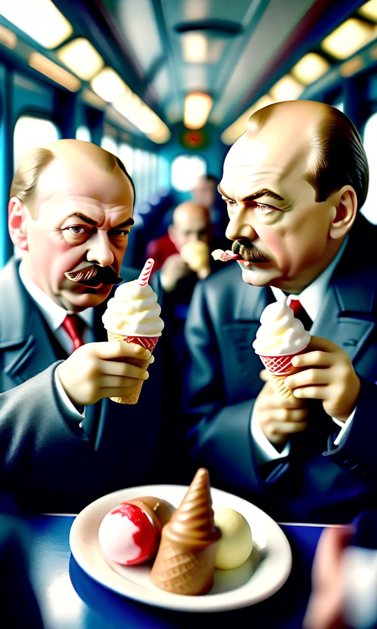  tilt shift photo of stalin and vladimir ilyich lenin in costumes of the early 20th century eat ice cream on the train. . selective focus, miniature effect, blurred background, highly detailed, vibrant, perspective control