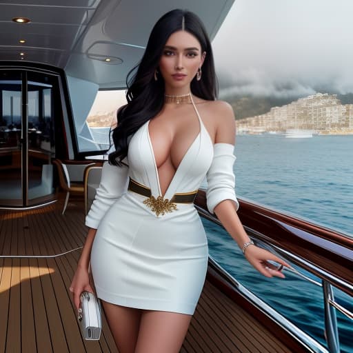  A with dark hair against the backdrop of a yacht, with small s. hyperrealistic, full body, detailed clothing, highly detailed, cinematic lighting, stunningly beautiful, intricate, sharp focus, f/1. 8, 85mm, (centered image composition), (professionally color graded), ((bright soft diffused light)), volumetric fog, trending on instagram, trending on tumblr, HDR 4K, 8K