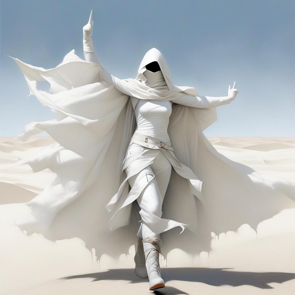  a very thin, slim girl with a black spot instead of a face, with a white scarf on the bottom of her face, in a white suit of white bandages, in white sleeves, with natural fingers in white gloves, in white pants, in a white ragged cloak, with large round holes throughout the area of the cloak, in laced grey shoes. hands up. a pointed hood. big square buckles. three wide belts on the belt. gray laced shoes.