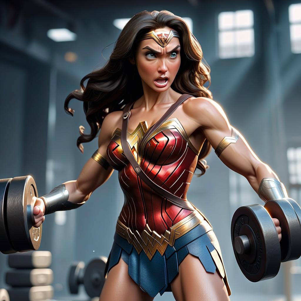  hdr photo of wonder woman lifts dumbbells, drops of sweat on her skin . high dynamic range, vivid, rich details, clear shadows and highlights, realistic, intense, enhanced contrast, highly detailed, perfecteyes, perfect hands