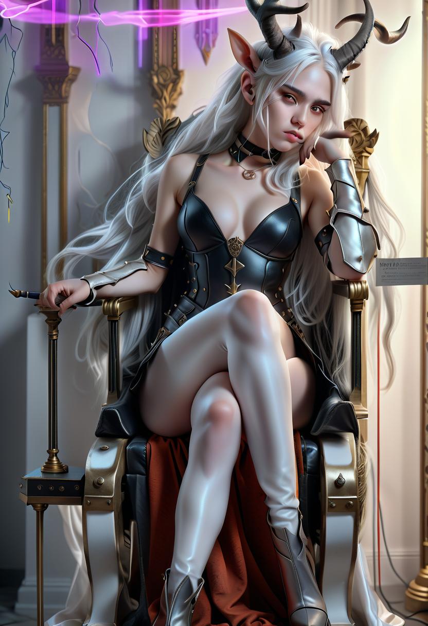  hyperrealistic art a girl with horns sits on a throne, white hair. . extremely high resolution details, photographic, realism pushed to extreme, fine texture, incredibly lifelike, perfecteyes, glowneon