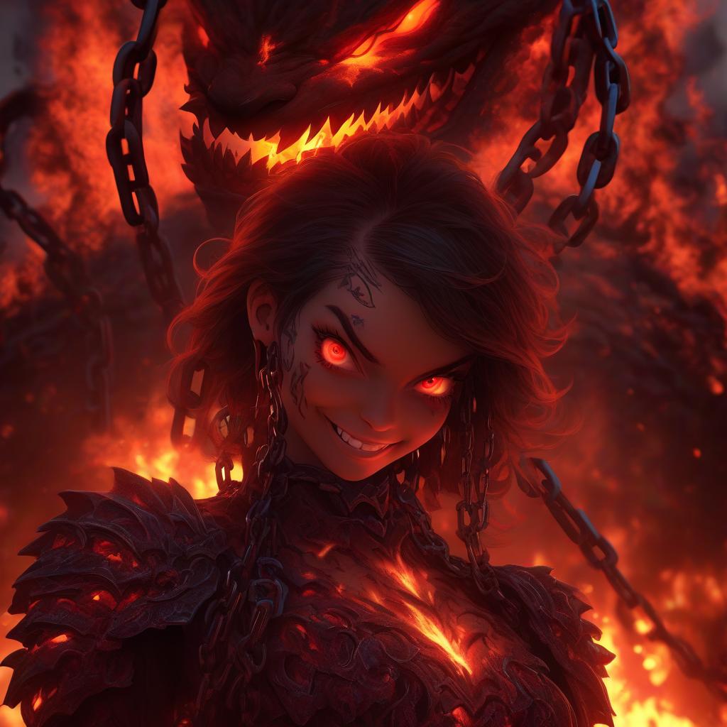  hyperrealistic art a woman that is standing in front of a fire, ((chains)), evil smile and glowing eyes, artistic render, only red colour, deathwing, shackled in the void, incandescent, discord pfp, lava rock, f 2, aggresive, maiden, chain . extremely high resolution details, photographic, realism pushed to extreme, fine texture, incredibly lifelike