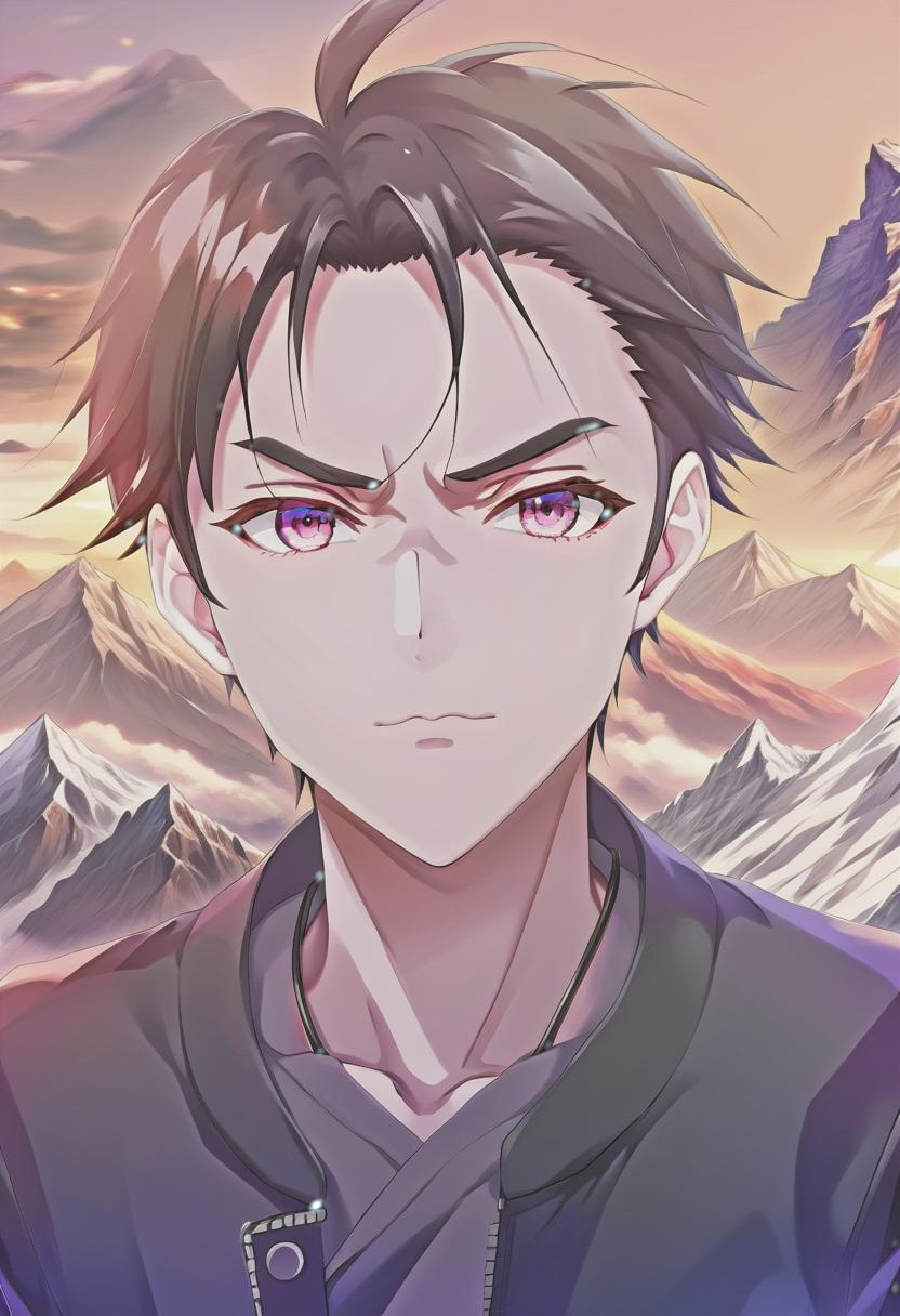  beautiful anime guy with a big mountain background