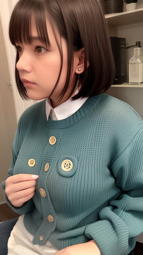  Room V sweater with dark blue-green buttons Woman with semi-straight brown hair, sad expression