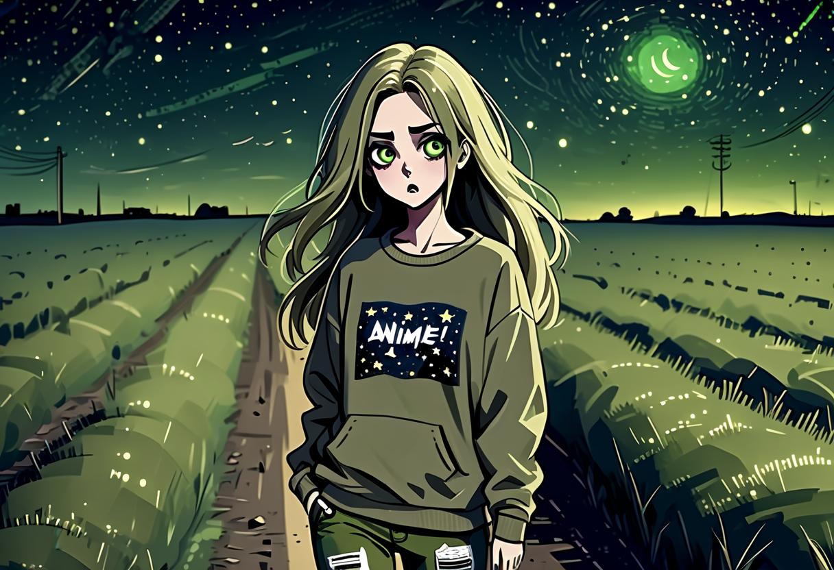  grunge style a girl in anime style with long hair runs around the field at night dressed in a khaki colored sweatshirt and pants. the girl looks at the starry sky at night with black lower eyelids under the eyes of a specific color full of fear of the unknown and curiosity. there are stars in the night sky. . textured, distressed, vintage, edgy, punk rock vibe, dirty, noisy