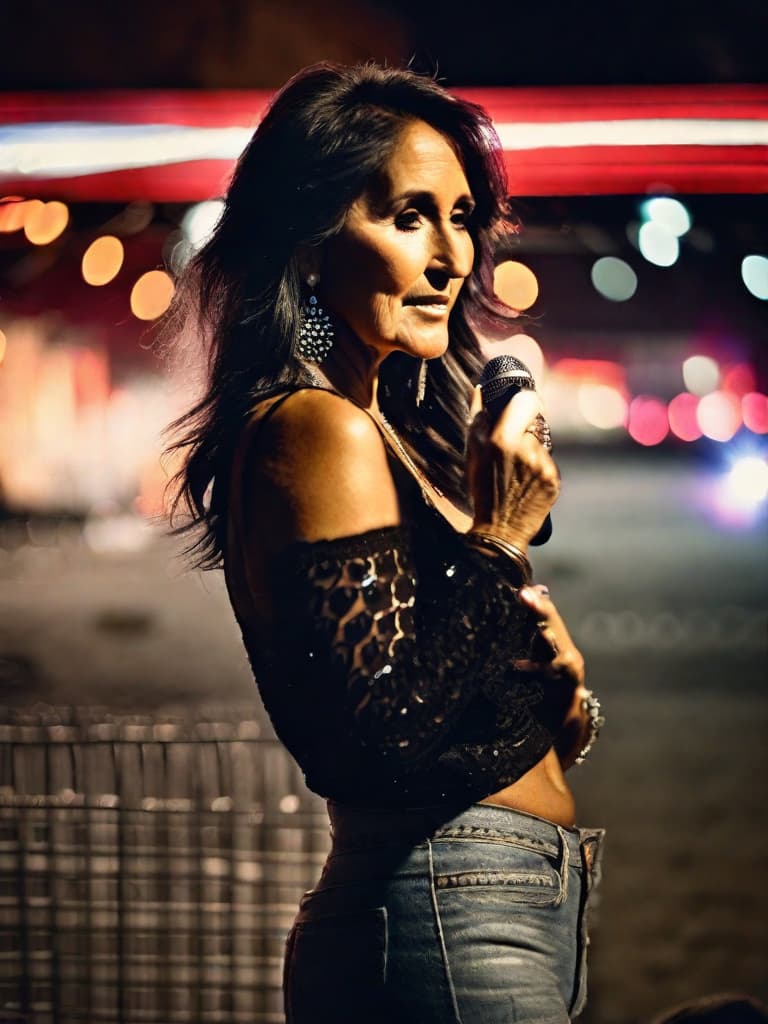  A younger Country singer Joan Baez, medium shot, upper body, spotlight, long exposure lighting, street art style spray paint, glamour lighting