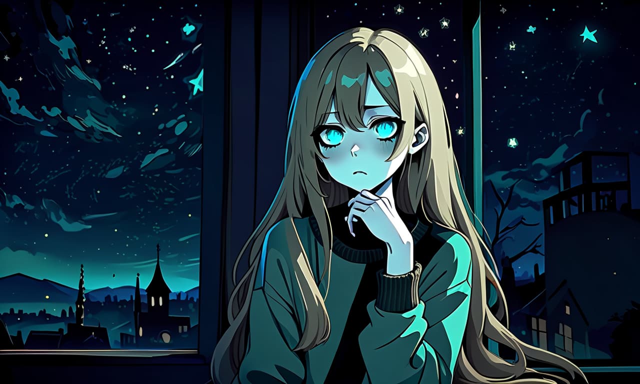  macabre style the girl in the anime style with long hair sits in front of the window at night wearing a khaki sweater and pants. the girl looks out the window at the starry sky of the night with black lower eyelids under the eyes of turquoise color full of fear of the unknown and curiosity. she pulls her hand up towards the night sky. . dark, gothic, grim, haunting, highly detailed