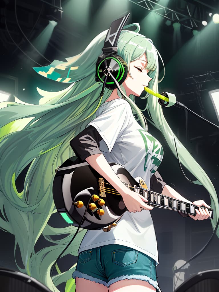  (white background:1.3),(extremely detailed fine touch:1.3),(hard light,studio light,light rays,dappled light,reflection,shadows,ray tracing:1.0),///,,(((green very long hair:1.3))),headphone,forehead,having a bird's eye view,anime style,super fine ilration,highly detailed,dynamic angle,beautiful detailed,8k,on stage break a woman,(((headphone:1.3))),on both ,strumming an electric guitar. she arches her back,closes her eyes and looks joyful. break a spotlight shines on her,(t shirt:1.3),(denim shorts:1.3),(black les paul custom:1.3)