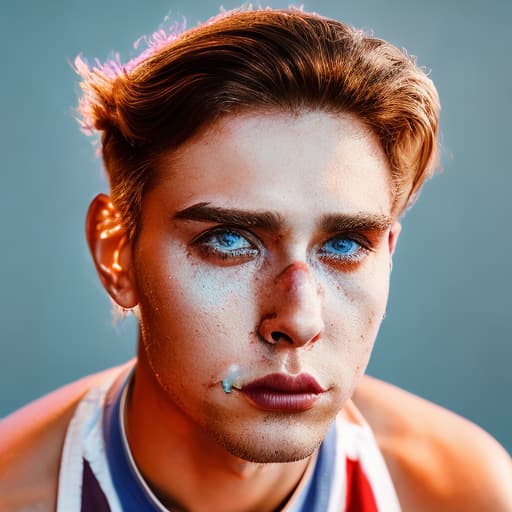 portrait+ style Russian tiktok personality LGBT queer blonde hunk dude face