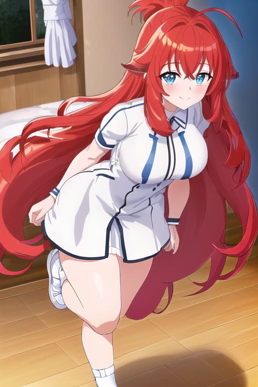  long ,puffy white sneakers,smiling,blushing,bedroom,standing,full body view,masterpiece, best quality, 1women, long red hair, looking at viewer, :3, cute, black uniform, outdoors, streets, cow shot, curvy, (((blue eyes))), rias gremory, red hair, antenna hair, wavy hair, ((beautiful detailed eyes, beautiful detailed glow, lots of glow)), anime screencap