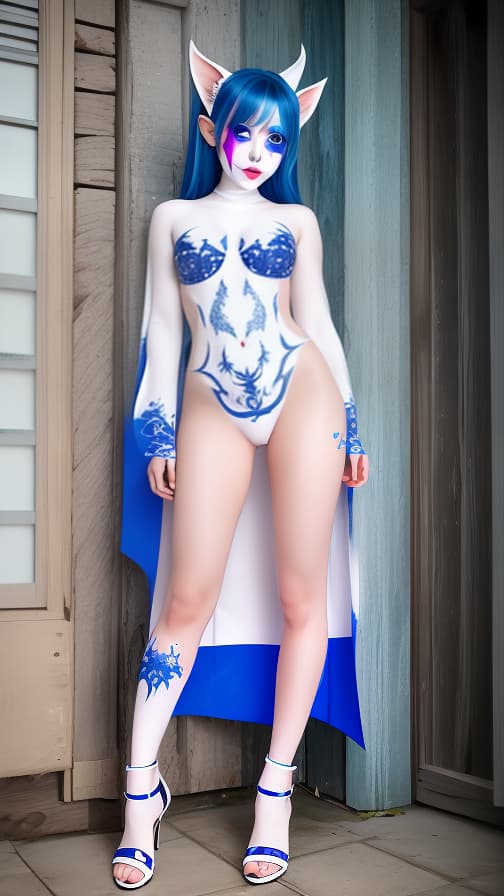  White and blue bat pattern body paint in every corner of the body, White body paint all over the body, White face paint on the face, Two dark elfs, full body image 女性