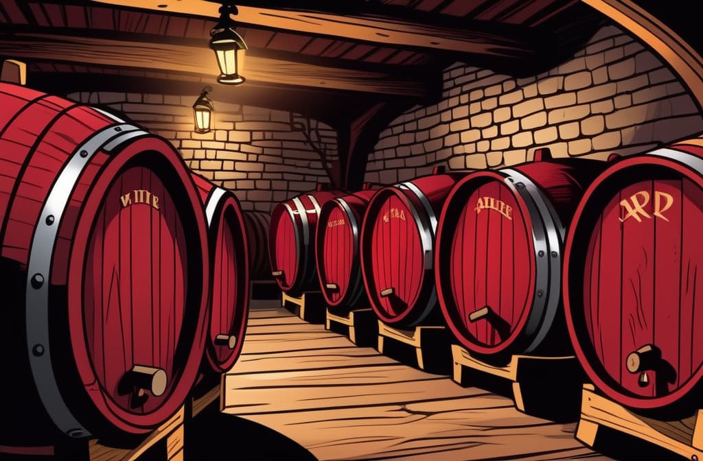  comic Vintage oak barrels filled with aging red wine, glowing under dim cellar lights in a rustic wine bar ar 3:2, graphic illustration, comic art, graphic novel art, vibrant, highly detailed