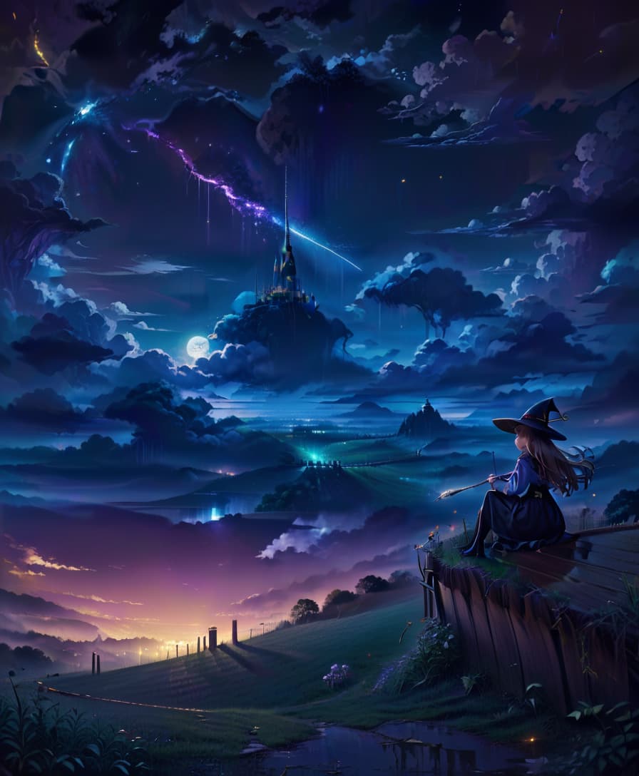  anime artwork night landscape, starry sky, dark, meadow at the bottom of the frame, witch in the right corner of the frame, sitting with her back to the viewer, sitting on a fence, magic, witchcraft, surrealism, magic wand . anime style, key visual, vibrant, studio anime, highly detailed, civitai, oil painting, glowneon