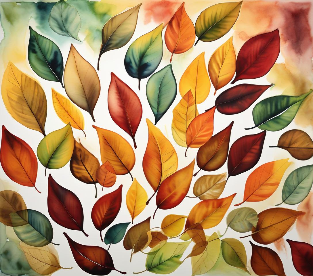  watercolor painting (watercolor and ink painting:1.3), expressionist, (splash art:1.2)of a stunning arrangement of leaves that seem to float gracefully, creating a pattern reminiscent of the wings of birds or an abstract tree canopy. the leaves are attached to a central branch that acts as the main axis. each leaf is a different color, ranging from soft yellows and greens to rich reds and browns, evoking the changing hues of autumn. the colors blend seamlessly to create an ombre effect that adds depth and dimension to the piece. the leaves are layered in such a way that they create a textured, three dimensional look. this piece of art beautifully captures the diversity and beauty of nature, symbolizing themes of growth, change, and the cycl