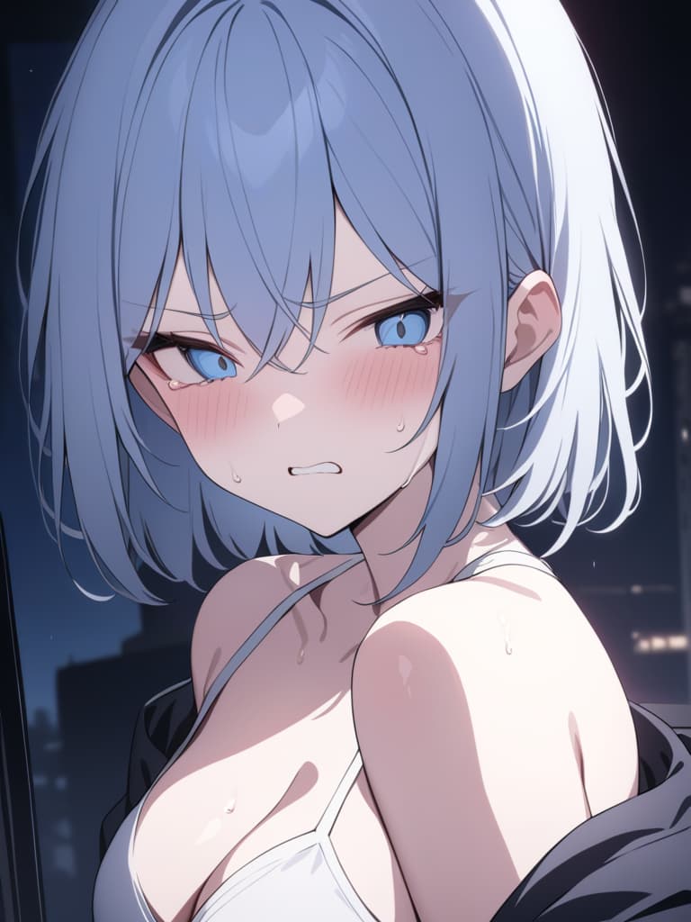  light blue hair, light blue eye, bob hair, darkness, hatred, angry crying, night, masterpiece, best quality,8k,ultra detailed,high resolution,an extremely delicate and beautiful,hyper detail