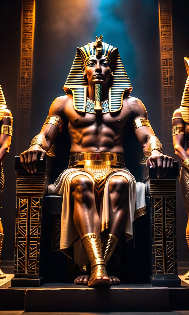  horror themed the pharaoh sits on the throne surrounded by hostages, against the back of ancient egyptians . eerie, unsettling, dark, spooky, suspenseful, grim, highly detailed hyperrealistic, full body, detailed clothing, highly detailed, cinematic lighting, stunningly beautiful, intricate, sharp focus, f/1. 8, 85mm, (centered image composition), (professionally color graded), ((bright soft diffused light)), volumetric fog, trending on instagram, trending on tumblr, HDR 4K, 8K