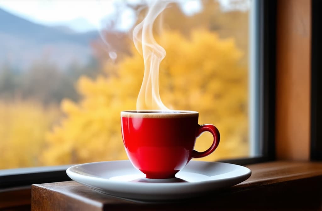  advertising style, stock photo, corporate branding style the coffee is opposite the window, it's autumn outside, steam is coming from the coffee ar 3:2 . professional, clean, modern, product focused, commercial, eye catching, minimalist, business oriented, highly detailed