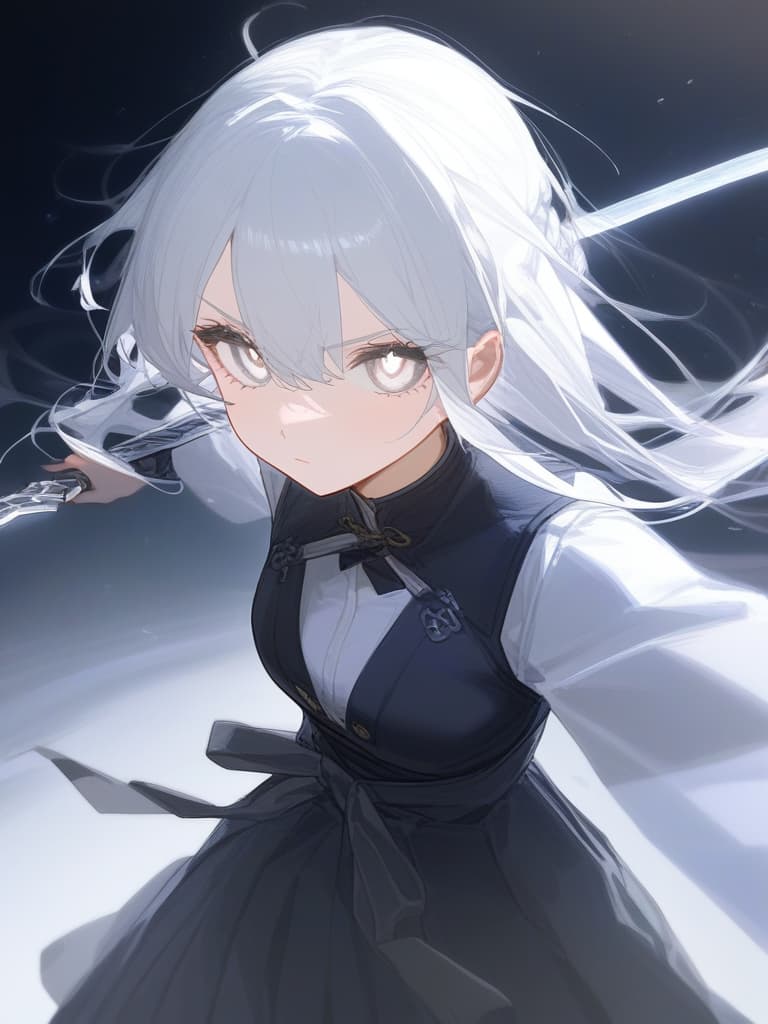  beauty girl,perfect girl,girl,hakama,袴,hairpin,簪,japanese style,transparent sword,stinking eyes,ジト目,cool,beauty,turn this way,white hair,white eyes,beautiful eyes,white eyelashes,close,braided bun twintails