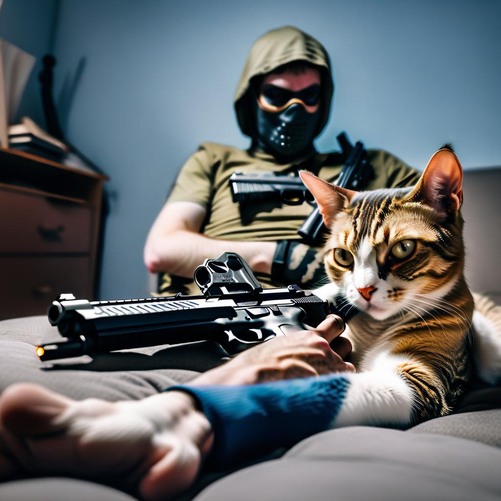  a cat with human with gun