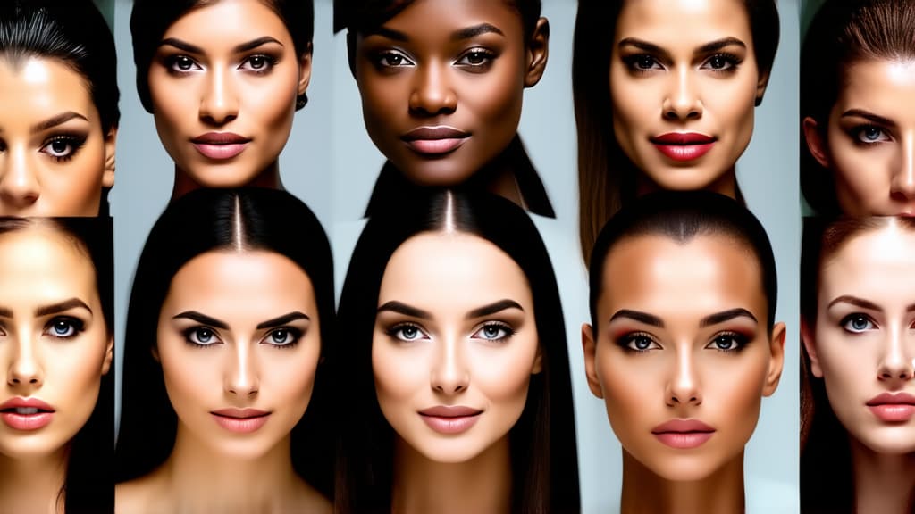  different beauty. set of different female heads on light background. different races and nationalities. ar 16:9, (natural skin texture), highly detailed face, depth of field, hyperrealism, soft light, muted colors