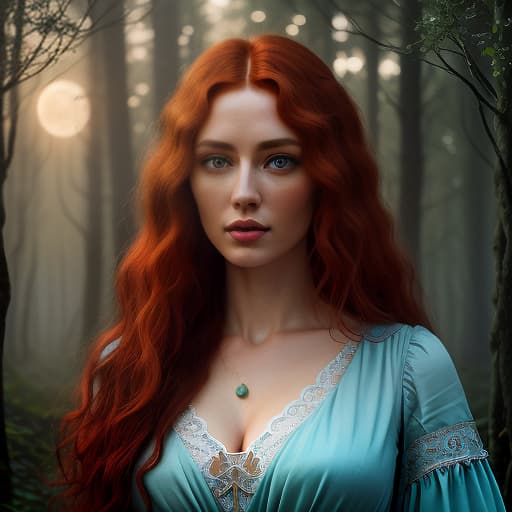  portrait of a beautiful red haired girl with curly hair and light blue eyes, thin body, intricate, over detailed oil painting in the pre raphaelite style, against a forest background, at night, foggy art, fantasy, full moon on the background, (intricate details:1.12), hdr, (intricate details, hyperdetailed:1.15) hyperrealistic, full body, detailed clothing, highly detailed, cinematic lighting, stunningly beautiful, intricate, sharp focus, f/1. 8, 85mm, (centered image composition), (professionally color graded), ((bright soft diffused light)), volumetric fog, trending on instagram, trending on tumblr, HDR 4K, 8K