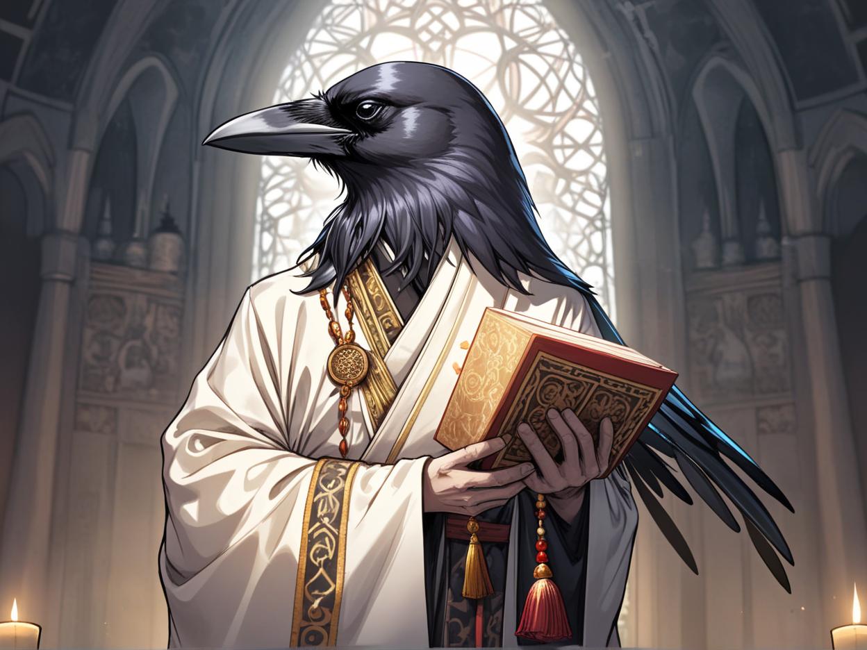  manga artwork a holy crow man wearing a robe holding a holy libram while standing at an altar. manga artist. manga, highly emotional. best quality, high resolution