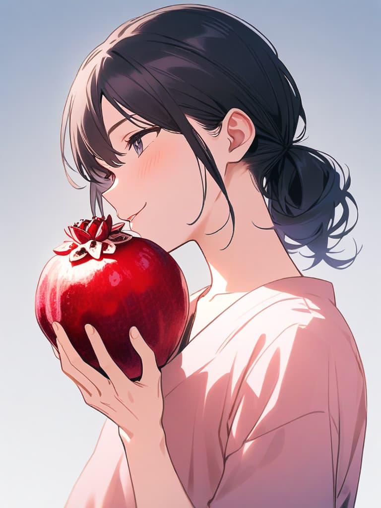  masterpiece,((( pomegranate))),eating pomegranate fruit,((( a male:1.8))),looking at,smiling,pomegranate fruit in right hand,(((kissing pomegranate fruit))),gray background,high quality,16k