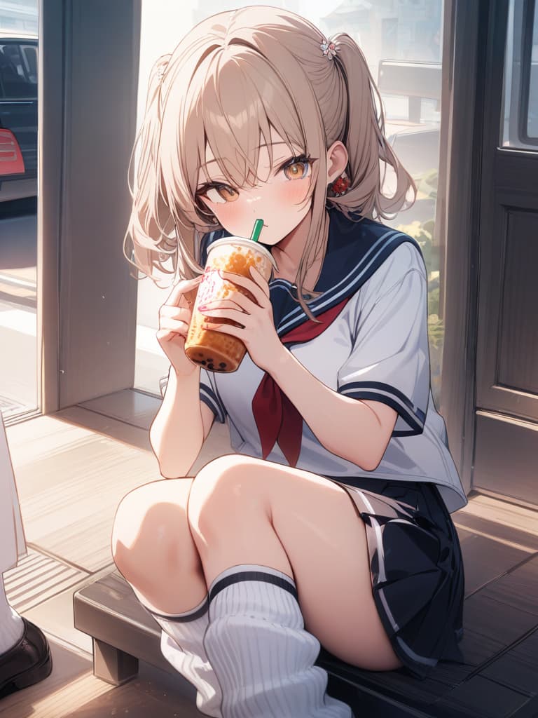  junior high school, loose socks, sailor uniforms, loafers, beige eyes, girls, ponytails, flower earrings, beige hair, fashionable, cute tapioca milk tea, masterpiece, best quality,8k,ultra detailed,high resolution,an extremely delicate and beautiful,hyper detail