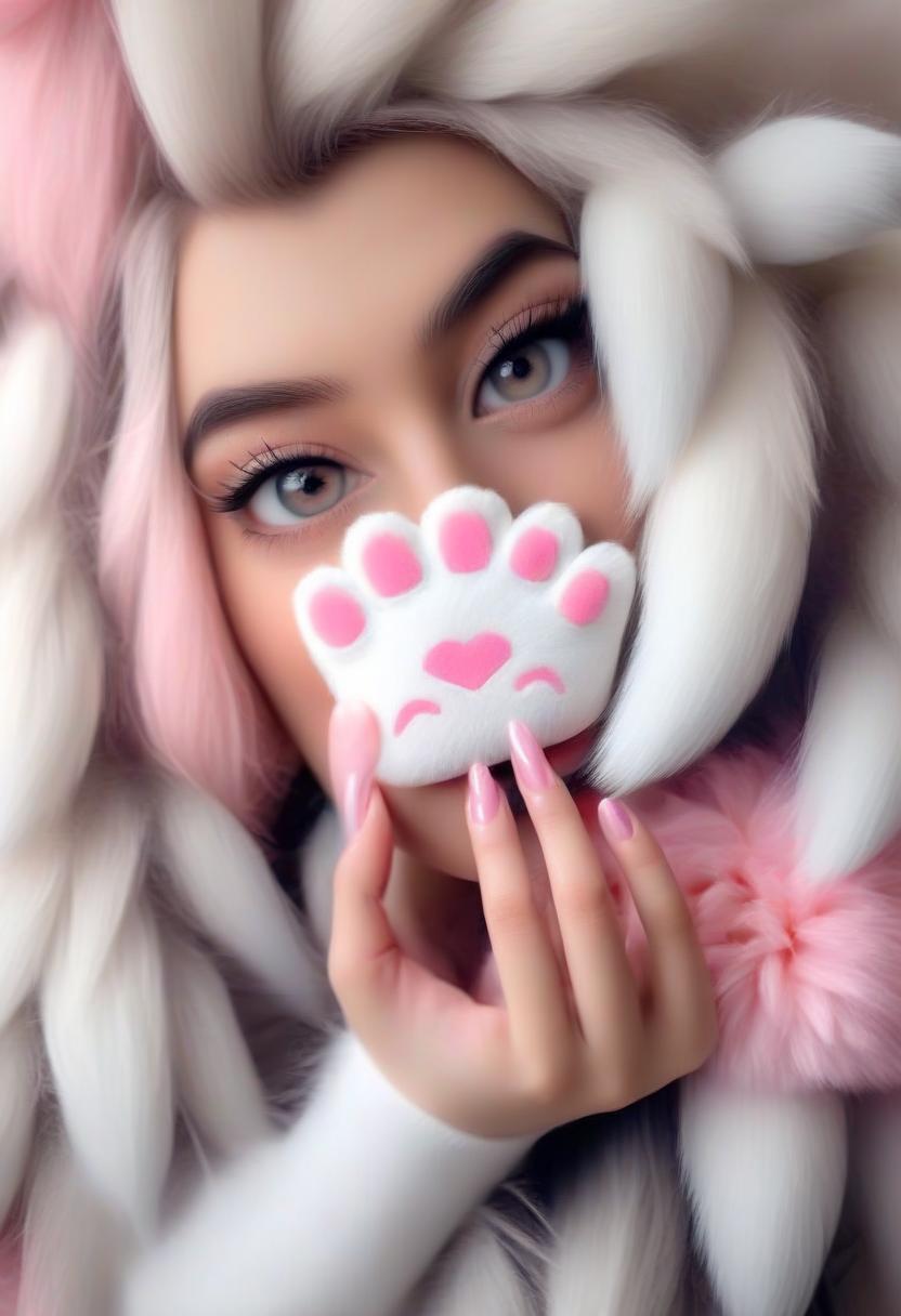  cute young woman with fluffy paws as hand and pinky claws at nail design studio, perfect hands, perfecteyes